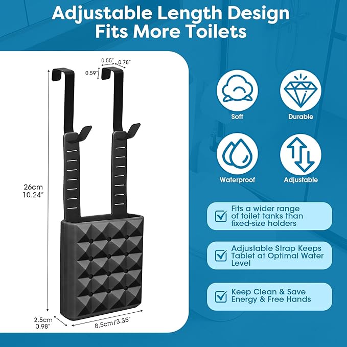 2Pcs Adjustable Toilet Tank Tablet Holder-Hanging Silicone Basket Carrier with Rustproof Hooks for Bowl Cleaner & Bleach Tablet Hanger Pouch Organizer, Accessory Fit Up to 7"Water Level