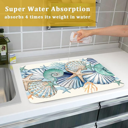 Sea Shell Starfish Summer Dish Drying Pad 18 x 24 Inch With Absorbent Reversible Microfiber Coastal Ocean Drying Mats Dish Drainer Mat Fast Dry For Kitchen Dining Room Decoration