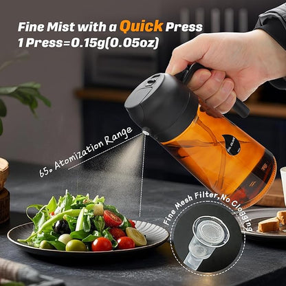 2 in 1 Oil Sprayer for Cooking, Olive Oil Dispenser Bottle for Kitchen Spray and Pour, 16oz/470ml Light-Blocking Dark Amber Glass Brown Bottle, Food-Grade Oil Mister for Air Fryer Green Cap