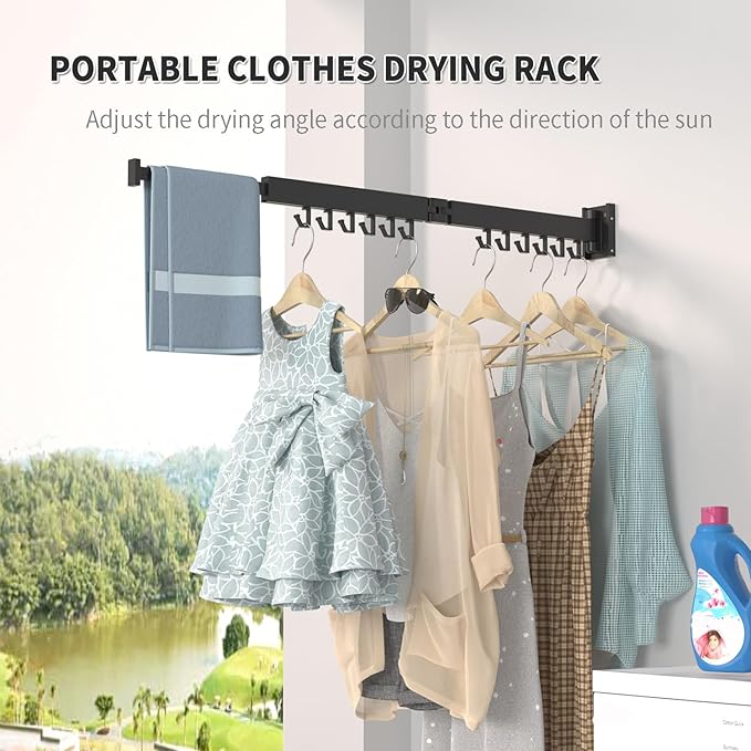 BESTHLS Wall Mounted Portable Clothes Drying Rack with Space Saver Clothes Hangers Design Universal for Balcony Mudroom Bedroom Kitchen Foldable Laundry Rack (2-Pole Black)