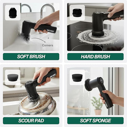 Electric Spin Scrubber – Handheld & Ergonomic, IPX7 Waterproof, 4 Multi-Purpose Brush Heads, Long-Lasting Rechargeable Battery – Cleans Dishes, Bathroom, Tile, Grout & Kitchen (Black)
