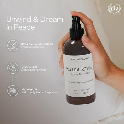 Muse Apothecary Pillow Ritual - Aromatic, Calming and Relaxing Pillow Mist, Linen and Fabric Spray - Infused with Natural Aromatherapy Essential Oils - 8 oz, Tonka Bean + Amber + Warm Cedarwood