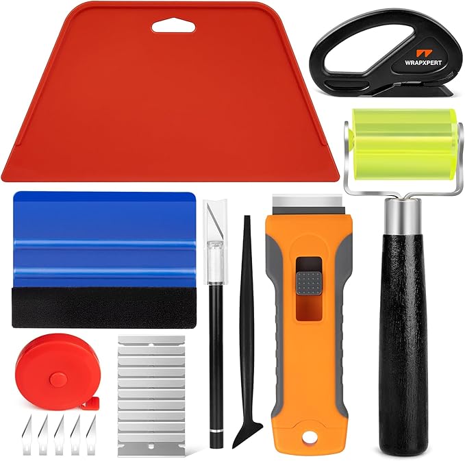 WRAPXPERT Wallpaper Tools, Smoothing Tool Kit for Peel and Stick Wallpaper/Contact Paper/Vinyl Backsplash Applying, with Squeegee Smoother, Seam Roller, Razor Scraper, Knife and Blades