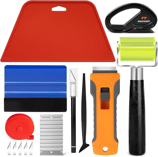 WRAPXPERT Wallpaper Tools, Smoothing Tool Kit for Peel and Stick Wallpaper/Contact Paper/Vinyl Backsplash Applying, with Squeegee Smoother, Seam Roller, Razor Scraper, Knife and Blades