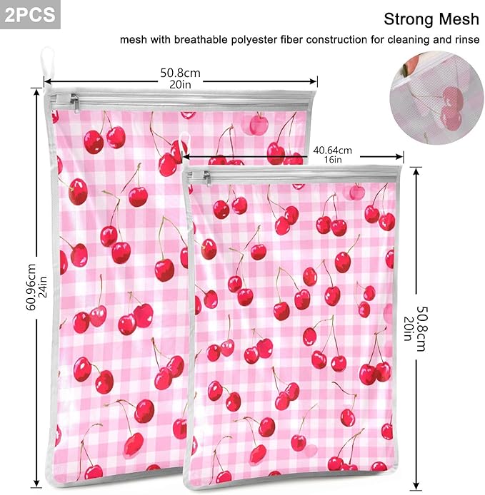 Mesh Laundry Bags Lingerie Bags for Washing Delicates 2 PCS Durable Wash Bag with Zipper Small and Medium Washable Pink Juicy Checkered Cherry