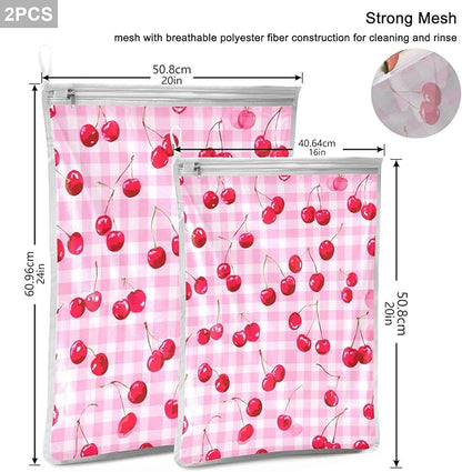 Mesh Laundry Bags Lingerie Bags for Washing Delicates 2 PCS Durable Wash Bag with Zipper Small and Medium Washable Pink Juicy Checkered Cherry