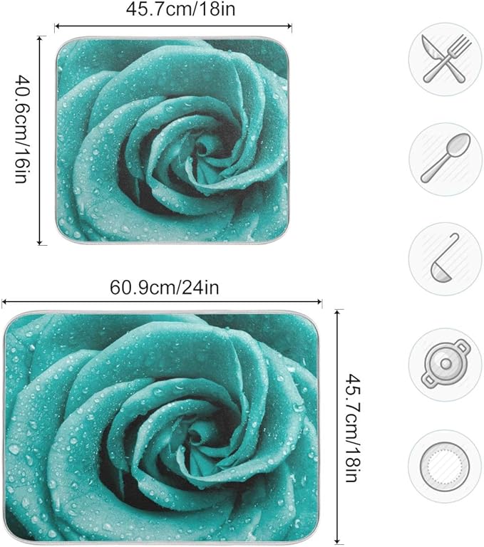 Super Absorbent Dish Drying Mat, Microfiber Fast-Drying Dish Mat, 24" x 18", Kitchen Dish Drying Pad Hipster Turquoise Rose Petals