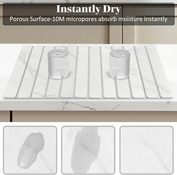 2 PCS Extra Large Stone Dish Drying Mats for Kitchen Counter, 28"(L)×16"(W) Marble-Pattern Dish Drying Mat with 8"x 4" Coasters, Eco-Friendly Diatomite Dish Drying Mat - Fits All Countertops