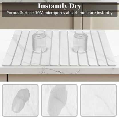 2 PCS Extra Large Stone Dish Drying Mats for Kitchen Counter, 28"(L)×16"(W) Marble-Pattern Dish Drying Mat with 8"x 4" Coasters, Eco-Friendly Diatomite Dish Drying Mat - Fits All Countertops