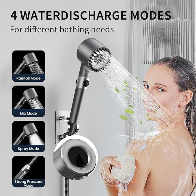 Ion Drops Shower Head, Ion Drops Filtered Showerhead with Handheld, with 60 Inch Hose and Stand, High Pressure 4 Spray Mode Shower Heads with ON/OFF Switch for Pets Bath-Remove Chlorine (Gray)