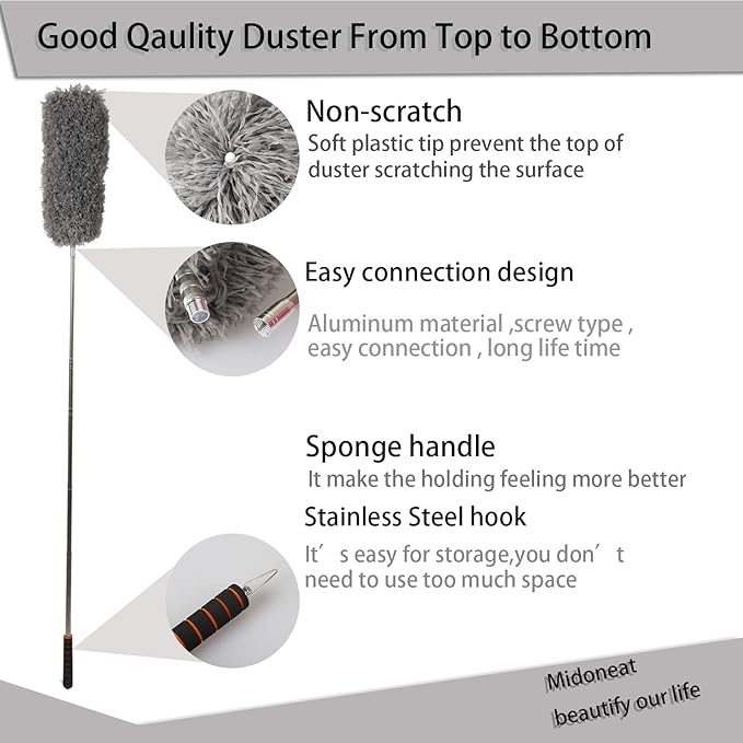 Lambswool Duster with Extra Flexible Microfiber Head,Long Reach/Extendable Duster Up to 86" for Cleaning High Ceiling Fan, Interior Roof, Cobweb, Keyboard, Furniture