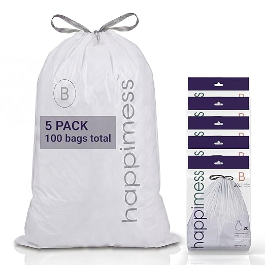 happimess 5.3 Gallon (20L) Drawstring Trash Bags, Unscented, Clear, Heavy Duty LDPE Liners for Kitchen and Household, Custom Fit 100 Count (5 Packs of 20 Liners) HPM3000B-C-5SET