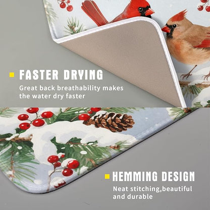 Winter Cardinal Bird Dish Drying Mat for Kitchen Counter 16x18 Christmas Snow Scene Theme Seasonal Absorbent Reversible Microfiber Drying Mats Kitchen Countertop Protector Dishes Drainer Pad