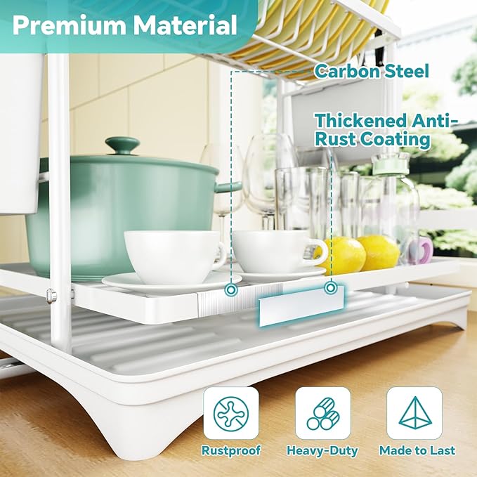 Simple Trending Dish Drying Rack, 2-Tier Dish Rack for Kitchen Counter, Large Dish Drainers Sink Organizers and Storage, White