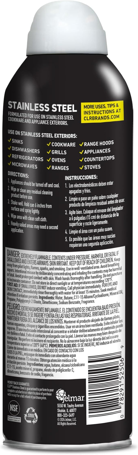 CLR Brands® Spot Free Stainless Steel Cleaner - Removes Water Marks, Fingerprints and Residue from Refrigerators, Dishwashers, Ovens and More, Streak Free Shine - 12 Oz Spray Can (Pack of 1)