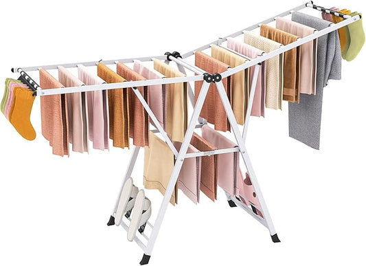 Giantex Clothes Drying Rack, Foldable Metal Laundry Drying Rack with Height Adjustable Wings, 16 Drying Rails, Sock Clips & Shoe Racks, Freestanding Clothing Stand for Indoor & Outdoor, White