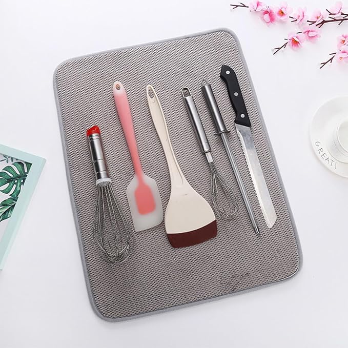 Dish Drying Mat, Microfiber Dish Drying Pad for Kitchen Counter, Small Size Absorbent Dishes Drainer Mats for Countertop, Sink, Draining Rack (2 Pack, Grey, 12inch*16inch)