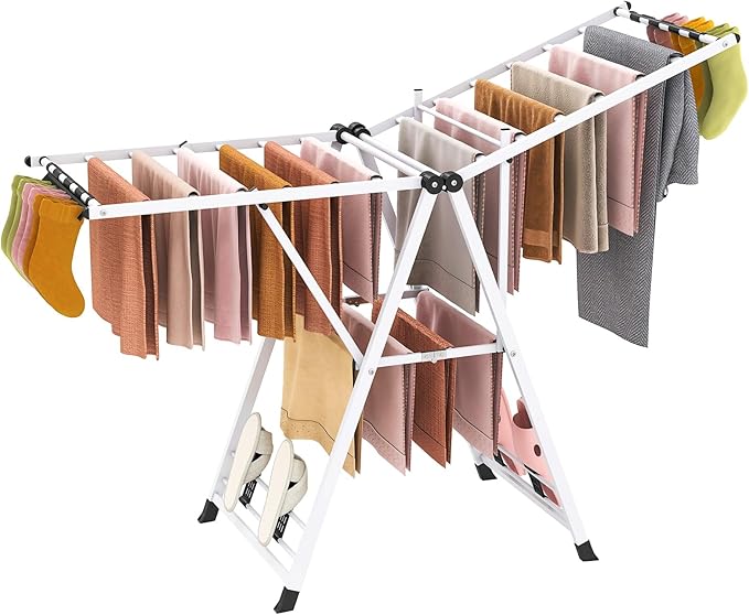 Giantex Clothes Drying Rack, Foldable Metal Laundry Drying Rack with Height Adjustable Wings, 16 Drying Rails, Sock Clips & Shoe Racks, Freestanding Clothing Stand for Indoor & Outdoor, White
