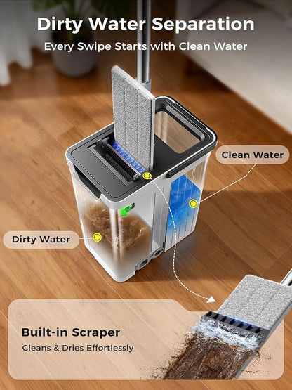 Mop and Bucket Set | Auto-Spray Cleaning | Dirty Water Separation Keep Water Fresh | Flat Mop & Bucket with Scraper | 3X Washable Pads | Mops for Floor Cleaning All Floors Tile Wall Window