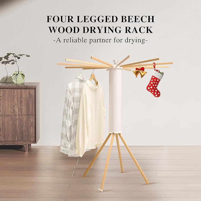 LEQ Clothes Drying Rack Portable,Foldable Drying Rack Clothing with 12 Wood Drying Arms, Standing Laundry Hanger Rack Round Collapsible & Portable Dryer Handle for Laundry Room, Balcony, Bedroom, RV