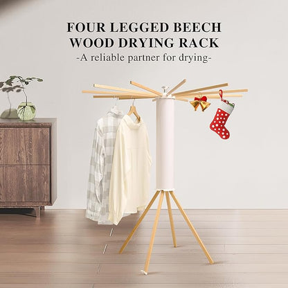LEQ Clothes Drying Rack Portable,Foldable Drying Rack Clothing with 12 Wood Drying Arms, Standing Laundry Hanger Rack Round Collapsible & Portable Dryer Handle for Laundry Room, Balcony, Bedroom, RV