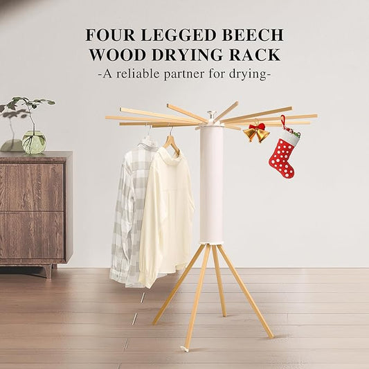 LEQ Clothes Drying Rack Portable,Foldable Drying Rack Clothing with 12 Wood Drying Arms, Standing Laundry Hanger Rack Round Collapsible & Portable Dryer Handle for Laundry Room, Balcony, Bedroom, RV