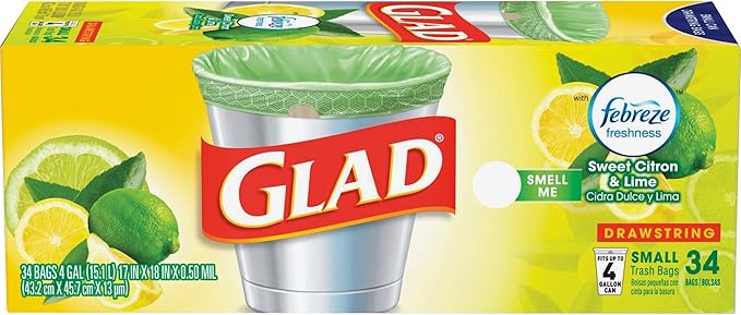 Glad Small Kitchen Drawstring Trash Bags, 4 Gallon, Febreze Sweet Citron & Lime, 34 Count