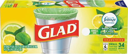 Glad Small Kitchen Drawstring Trash Bags, 4 Gallon, Febreze Sweet Citron & Lime, 34 Count