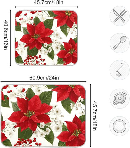 Red Poinsettias with Holly Dish Drying Mat for Kitchen Counter Super Absorbent Drying Mat 16x18 inch Large Dish Drying Matts for Countertop Protector Dishes Pad