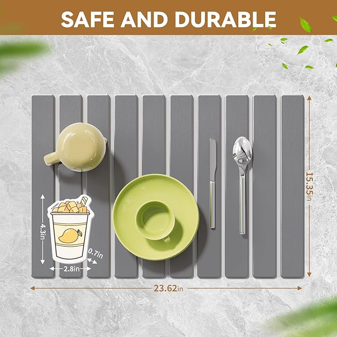 Stone Dish Drying Mats for Kitchen Counter,23.6''x15.3'' Foldable Quick Dry Stone Mat Kitchen,Eco-Friendly,Absorbent Diatomaceous Earth Mats for Dishes Bottles Cups Bathroom Any Countertop-Dark Gray
