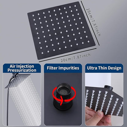 Rainfall Shower Head with Handheld Combo High Pressure, Dual Shower Head 8 Inch Square with Long Hose, Rain Showerhead with Handheld Sprayer(black)