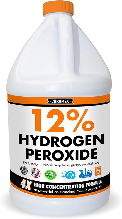 Chromex Hydrogen Peroxide 12 Percent Food Grade, 4X Power Concentrated Solution, Dilutes to 4 Gallons, Versatile Uses Include Topical Care, Home, Kitchen, Bath Cleaner, Laundry, Whitening, 1 Gallon