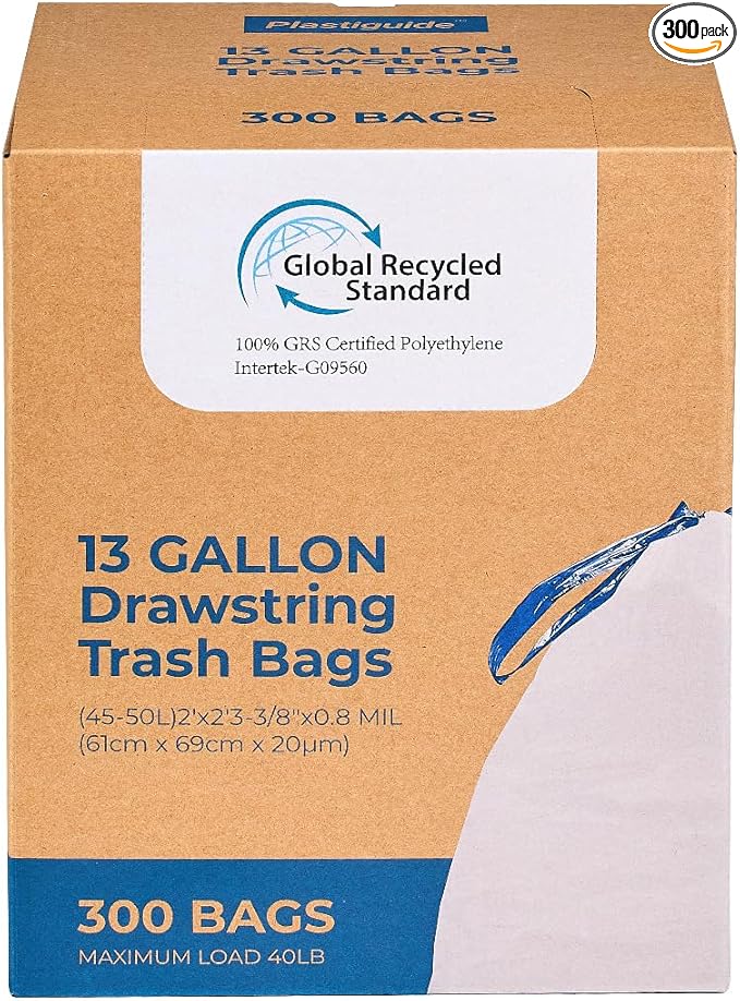 300 Count Tall Kitchen Drawstring Trash Bags, 13 Gallon, 100% Post-Consumer Recycled, Commercial Garbage Bags, GRS Compliant, Unscented, White