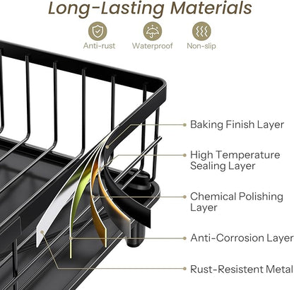 SNTD Dish Drying Rack - Space-Saving Dish Rack for Kitchen Counter, Stainless Steel Dish Drainer with Utensil Holder and Drainboard, 11" W x 15" L (Black)
