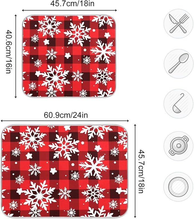 Snowflakes Christmas Checkered Plaid Dish Drying Mat for Kitchen Counter Absorbent Microfiber Drying Pad, Medium 16x18 in