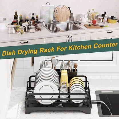 LIYI Dish Drying Rack and Sink Organiser,Removable Drainer Tray,Adjustable Spout,Easy Assembly Kitchen Drying Rack,Black