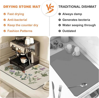LOKHOM Dish Drying Mat for Kitchen Counter, 12"x20" Absorbent Coffee Bar Mat with Vintage Sage Flower Herbs, Dish Drainer Rack Mat for Kitchen Counter