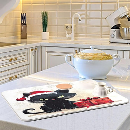 Christmas Dish Drying Mat Kitchen Counter Absorbent Black Cat Coffee Sink Mat Dish Drainer Pad 18 Inch x 16 Inch