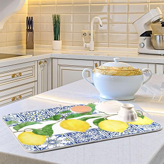 Lemon Blue Tiles Dish Drying Mat for Kitchen Counter Absorbent Microfiber Drying Pad, Large 18x24 in, Reversible Drainer Mats