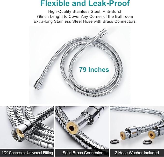 Handheld Shower Head with on off Switch&Built-in Power Spray,7-Setting High Pressure Spray Shower Wand with 79in Long Hose&Bracket and Extra Adhesive Shower Holder for Lower Mount,Chrome