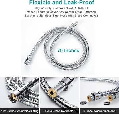 Handheld Shower Head with on off Switch&Built-in Power Spray,7-Setting High Pressure Spray Shower Wand with 79in Long Hose&Bracket and Extra Adhesive Shower Holder for Lower Mount,Chrome
