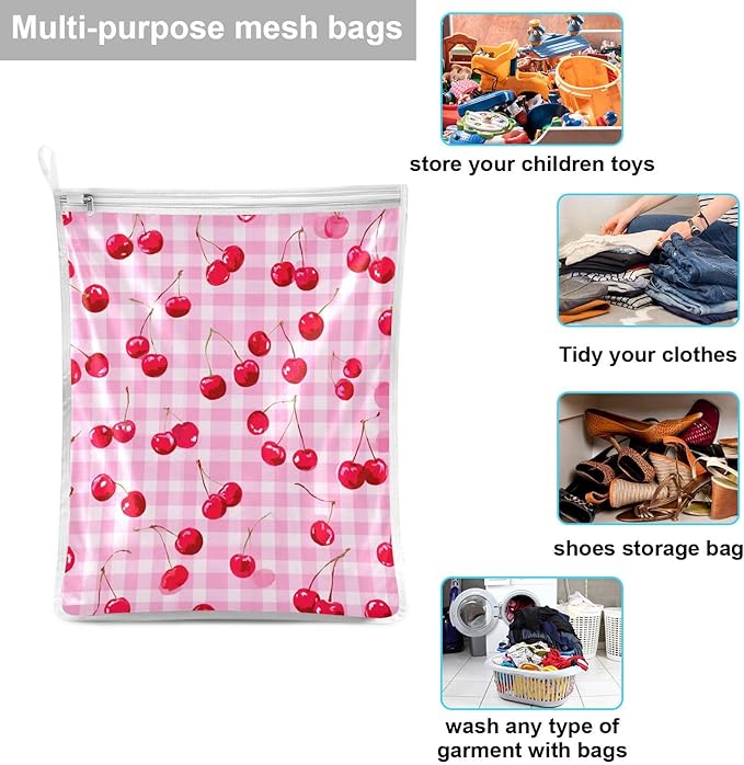 Mesh Laundry Bags Lingerie Bags for Washing Delicates 2 PCS Durable Wash Bag with Zipper Small and Medium Washable Pink Juicy Checkered Cherry