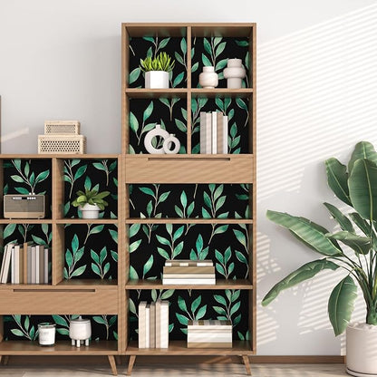 Fvlow Green Floral Wallpaper Peel and Stick Black Leaf Contact Paper 17.4" x 118" Vintage Leaf Wallpaper Waterproof Self-Adhesive Wall Covering for Bedroom Countertop Desk Cabinets Decor