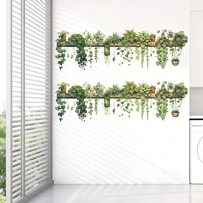 Nature Green Plants Peel and Stick Wall Decals Wallpaper Removable Wall Decals Shelves Green Plants Vinyl Art Stickers & Murals for Living Room Kitchen Bathroom Decoration (2pcs A)