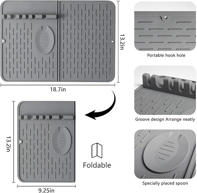 Silicone Dish Drying Mat for Kitchen Counter, Collapsible Dish Drainer Mat, Dish Drying Rack, Non-Slip, Easy to Clean (18.7x13.2 Inch)