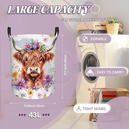 Highland Cow Laundry Basket, 43L Round Oxford Cloth Laundry Hamper, Waterproof Collapsible Storage Organizer Bin with Handles for Toys, Nursery Home Storage, Gift for Chritsmas Thanksgiving 13.8x17.7