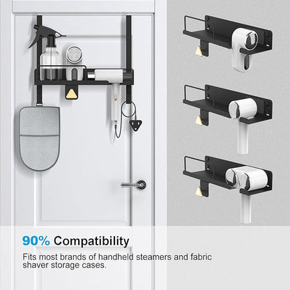 Handheld Garment Steamer Stand with Ironing Gloves Universal Organizer Wall Mounted/Over the Door Free-Standing Metal Holder Bathroom Storage DIY Cabinet Door Heat Safe Rack (Black)