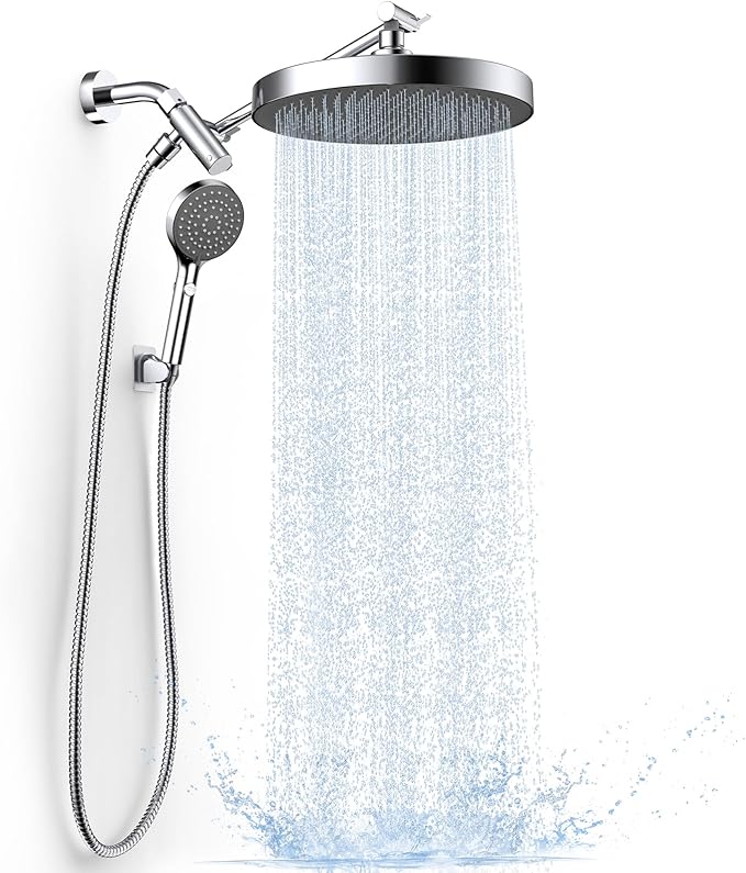 FASDUNT High Pressure Rain Shower Head with Handheld Spray Combo, 10" Rainfall Shower Head with Adjustable Integrated Extension Arm, Detachable Dual Shower Heads with 80" Long Stainless Steel Hose