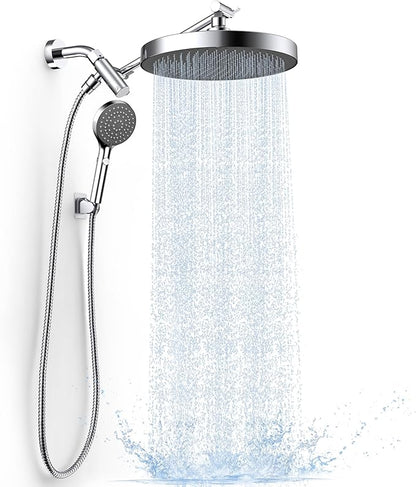 FASDUNT High Pressure Rain Shower Head with Handheld Spray Combo, 10" Rainfall Shower Head with Adjustable Integrated Extension Arm, Detachable Dual Shower Heads with 80" Long Stainless Steel Hose