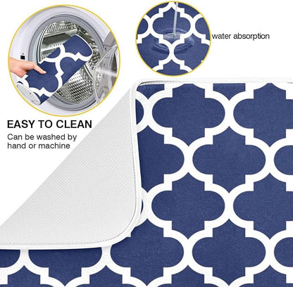 Navy Blue Trellis Lattice Dish Drying Mat for Kitchen Counter Absorbent Microfiber Drying Pad, Medium 16x18 in, Reversible Drainer Mats